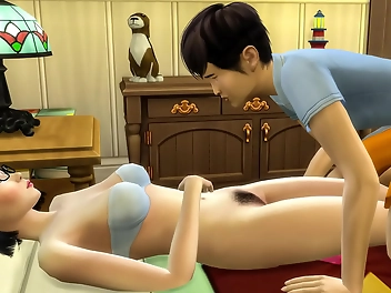 Japanese Virgin Stepson Gets Lucky: Finds MILF Mom Naked in Bed Offers Oral Sex